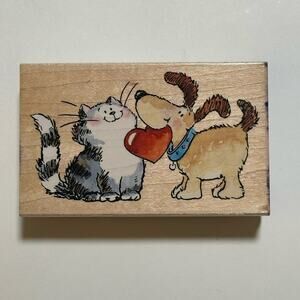 Adorable Vintage Penny Black Cat and Dog Wooden Rubber Stamp